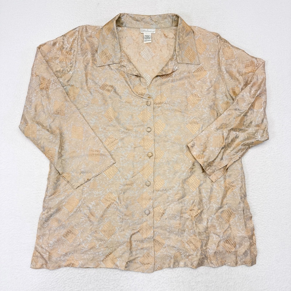 Soft Surroundings Top Womens Size 2XL Beige Silk Blend Button Front Asian Floral